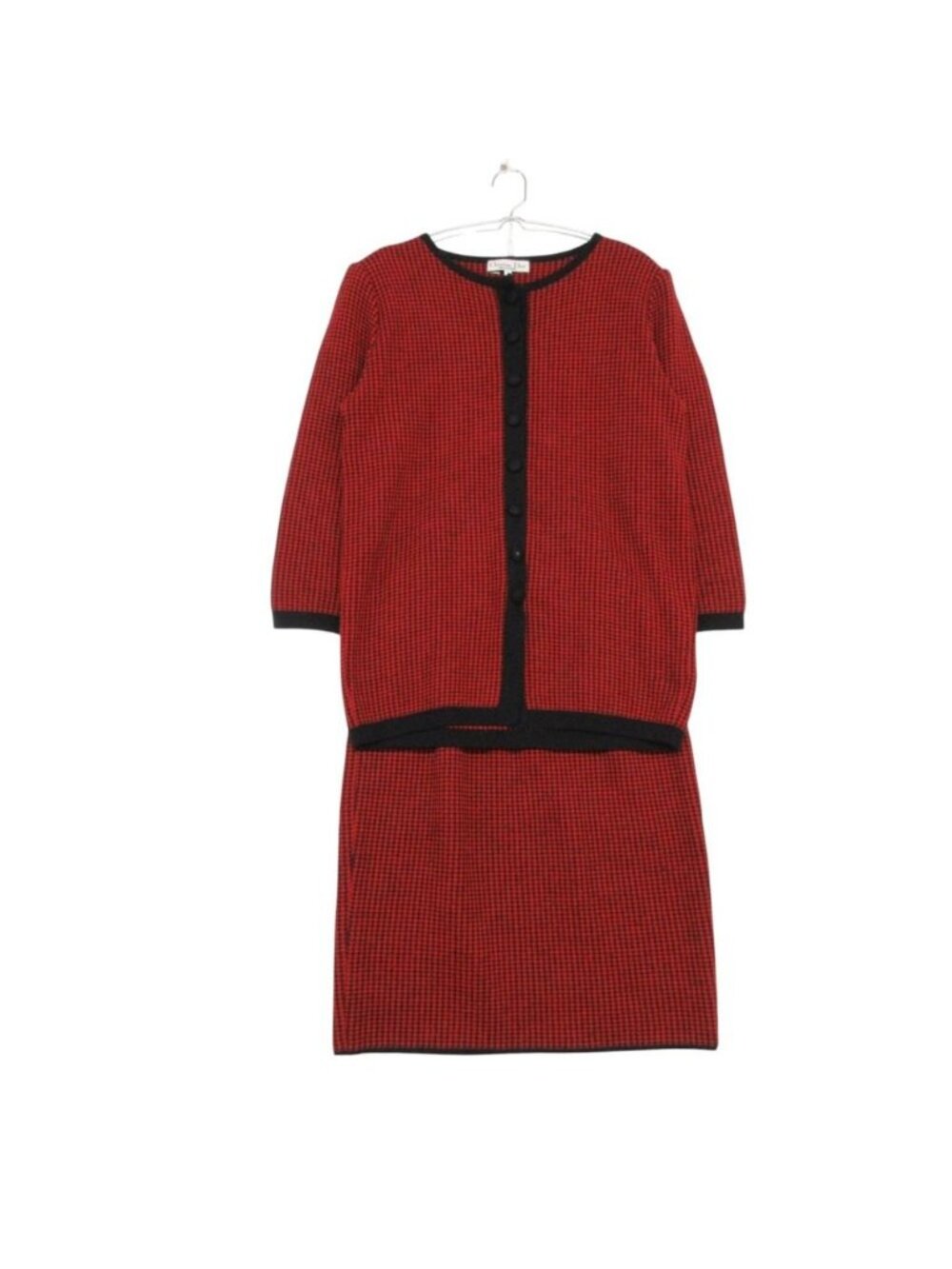 Dior Set Knit Collarless Jacket Skirt Houndstooth Red Black